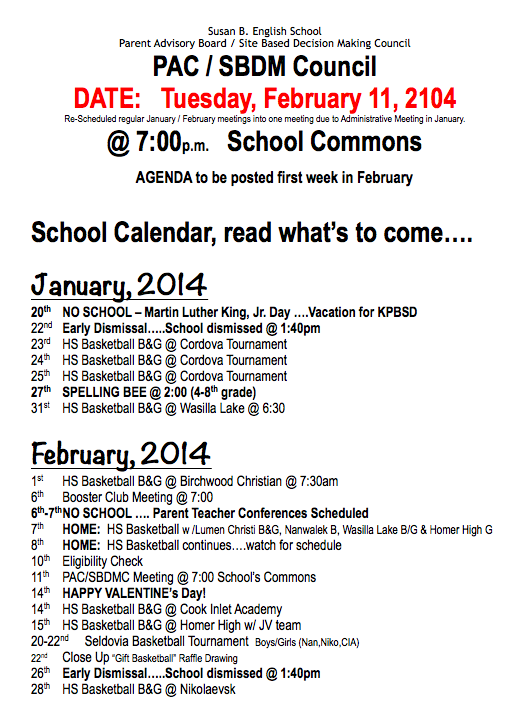 SBE School Events Jan and Feb 2014