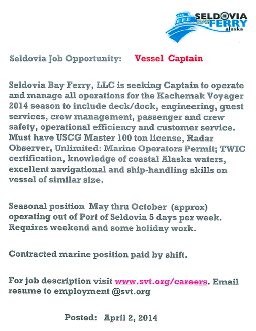 Seldovia Bay Ferry Captain Job Posting